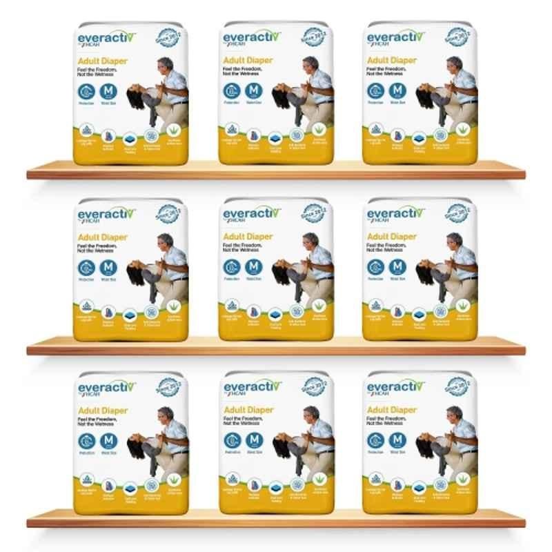 Everactiv 10 Pcs 28-45 inch White Polyethylene Adult Diaper with Aloe Vera & Wetness Indicator Set, F6-EGGT-6PTU, Size: M (Pack of 9)