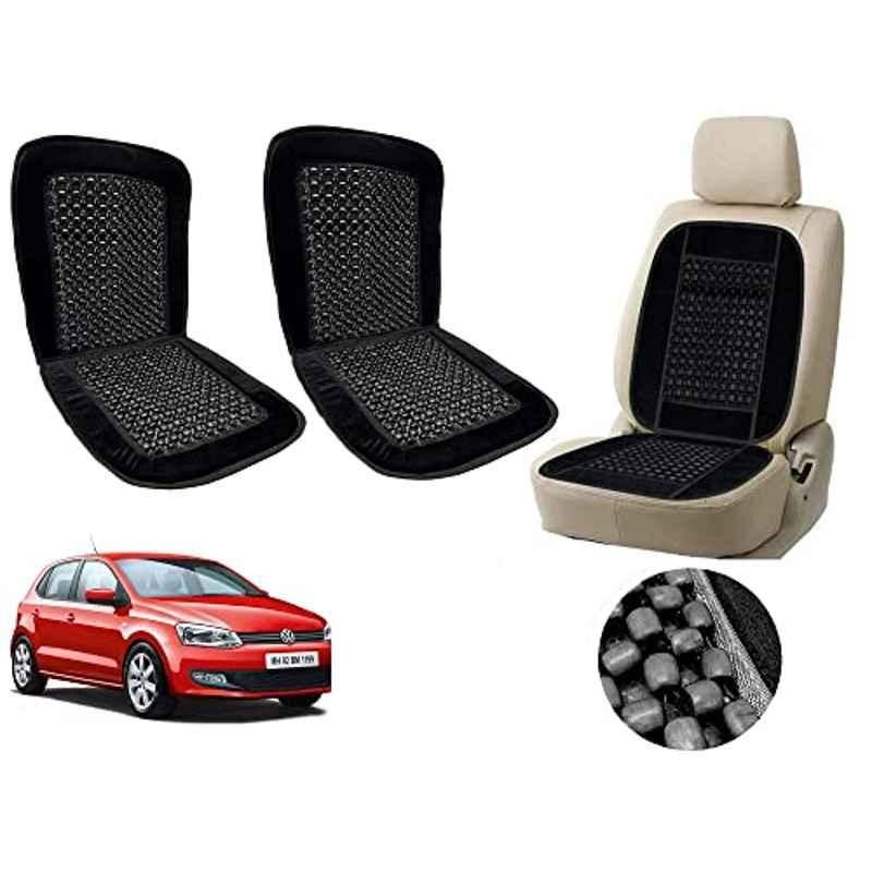 Auto Pearl PU, Velvet & Wooden Beads Black Rectangular Seat Cushion for Volkswagen Polo (Pack of 2 )