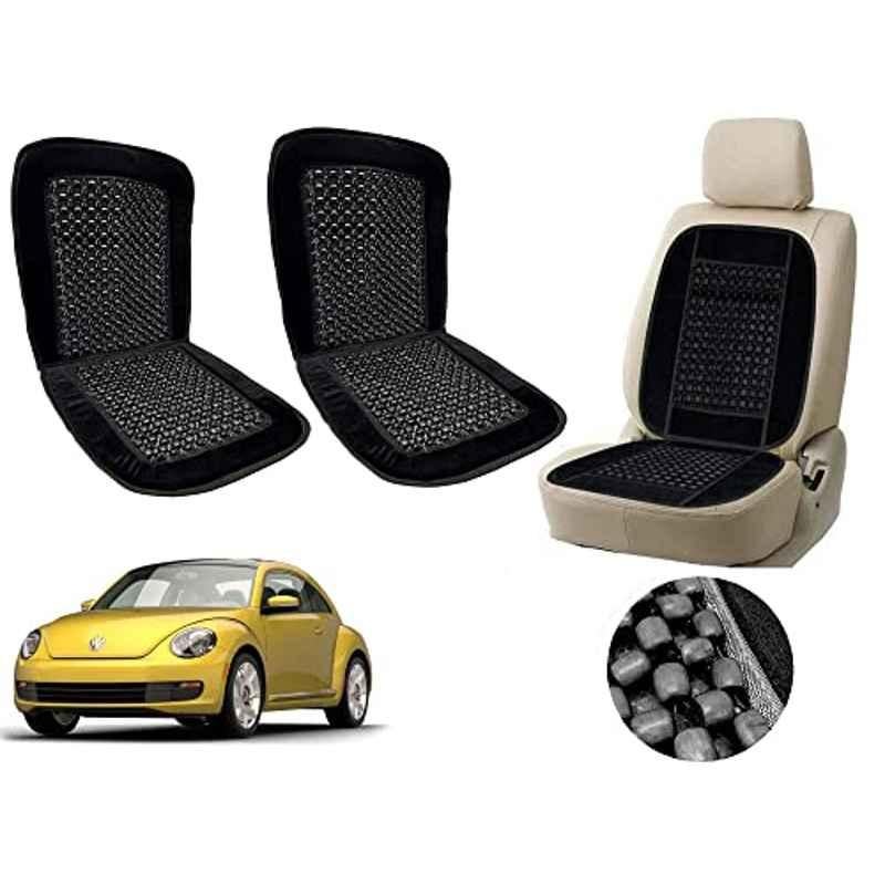 Auto Pearl PU, Velvet & Wooden Beads Black Rectangular Seat Cushion for Volkswagen Beetle (Pack of 2 )
