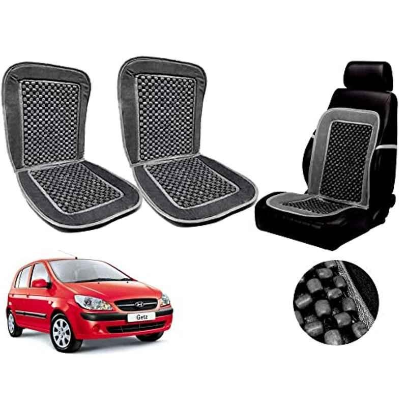 Auto Pearl PU, Velvet & Wooden Beads Grey Rectangular Seat Cushion for Hyundai Getz (Pack of 2 )