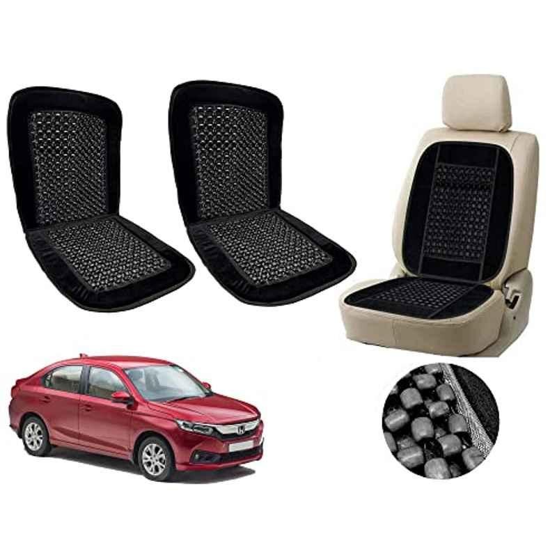 Auto Pearl PU, Velvet & Wooden Beads Black Rectangular Seat Cushion for Honda Amaze Type-2 (Pack of 2 )