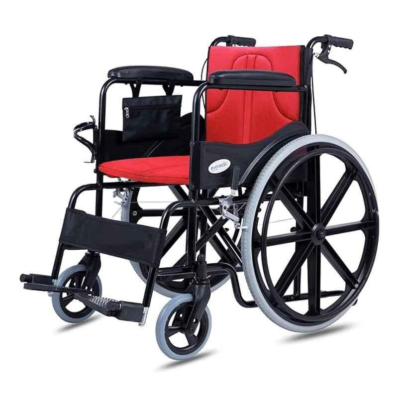 Everactiv 120kg Red Foldable Wheelchair with 2 Extra Seats, 6 Wheels & Brakes for Extra Safety, EAP201