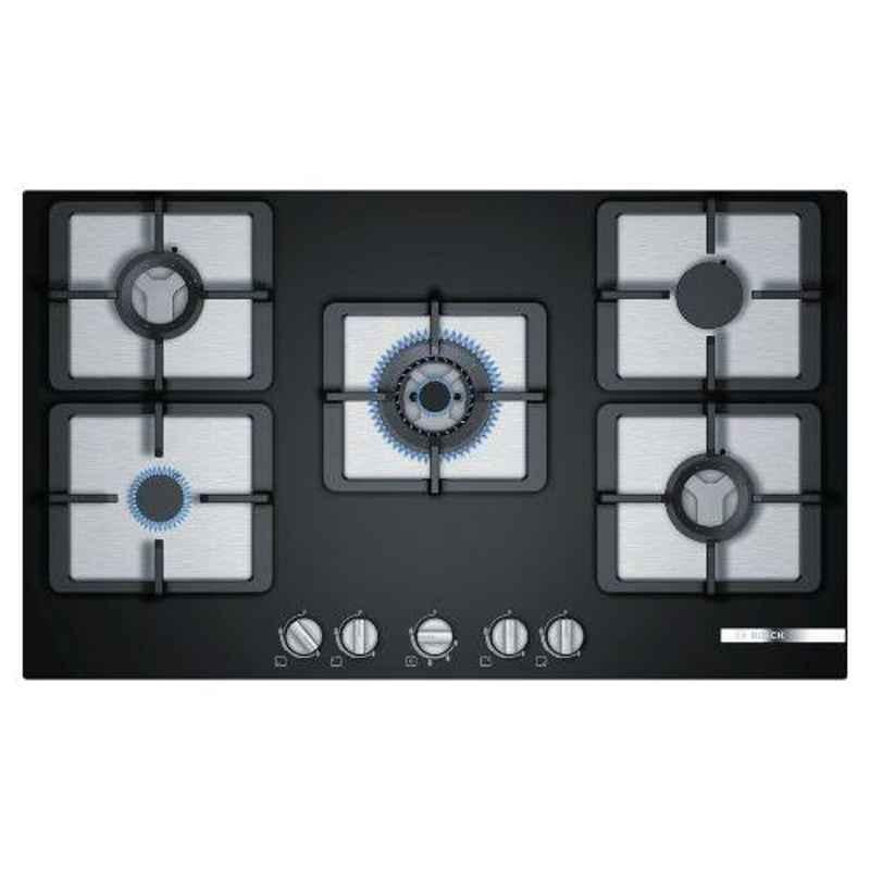 Bosch Serie-4 90cm 5 Brass Burner Black Glass Gas Hob with Auto Ignition Knob, PPQ9S6F20I