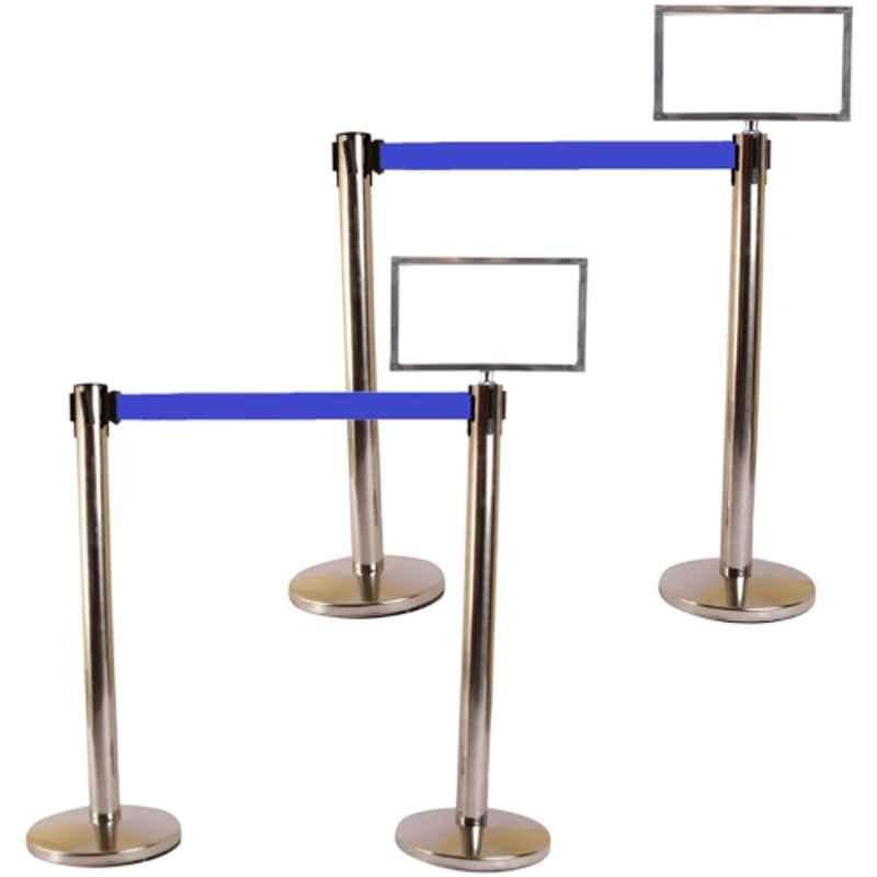 Ladwa 4 Pcs Stainless Steel 202 Hook Type Q Manager Set with 2.25m Blue Nylon Belt & A3 Sign Plate, LSI-QMBE-A3-P4-N