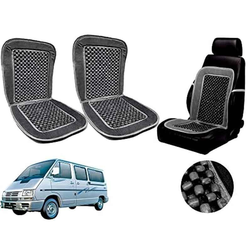 Auto Pearl PU, Velvet & Wooden Beads Grey Rectangular Seat Cushion for Tata Winger (Pack of 2 )