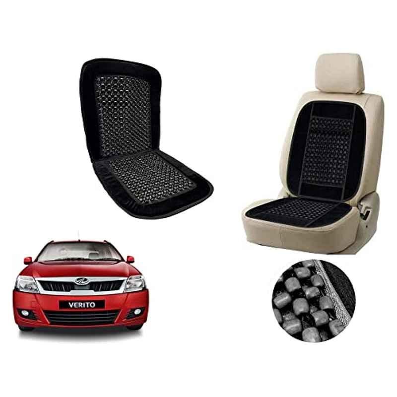 Auto Pearl PU, Velvet & Wooden Beads Black Rectangular Seat Cushion for Mahindra Verito