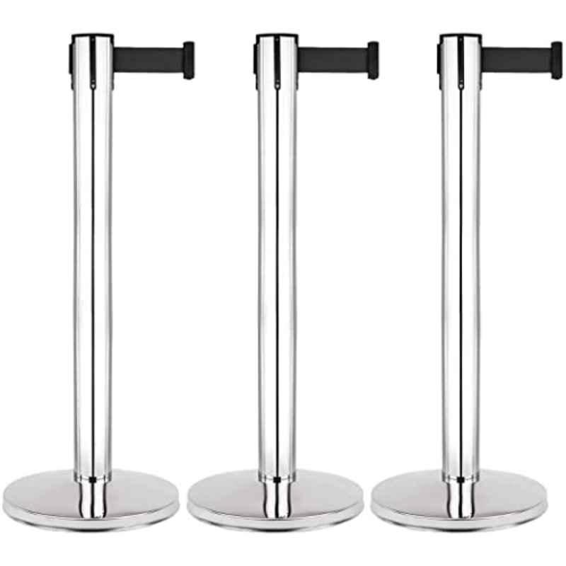 Ladwa 3 Pcs Black Queue Manager with 202 Grade Extendable 2.25m Hook Type Stanchions Barrier Accessories Steel Barricade Set