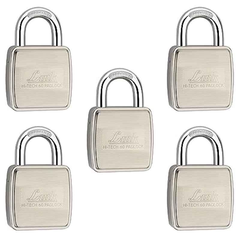 Link 60mm Stainless Steel Hardened Shackle Padlock with 3 Silver Keys, Keychain & Free Key Hanger, HT-60 (Pack of 5)