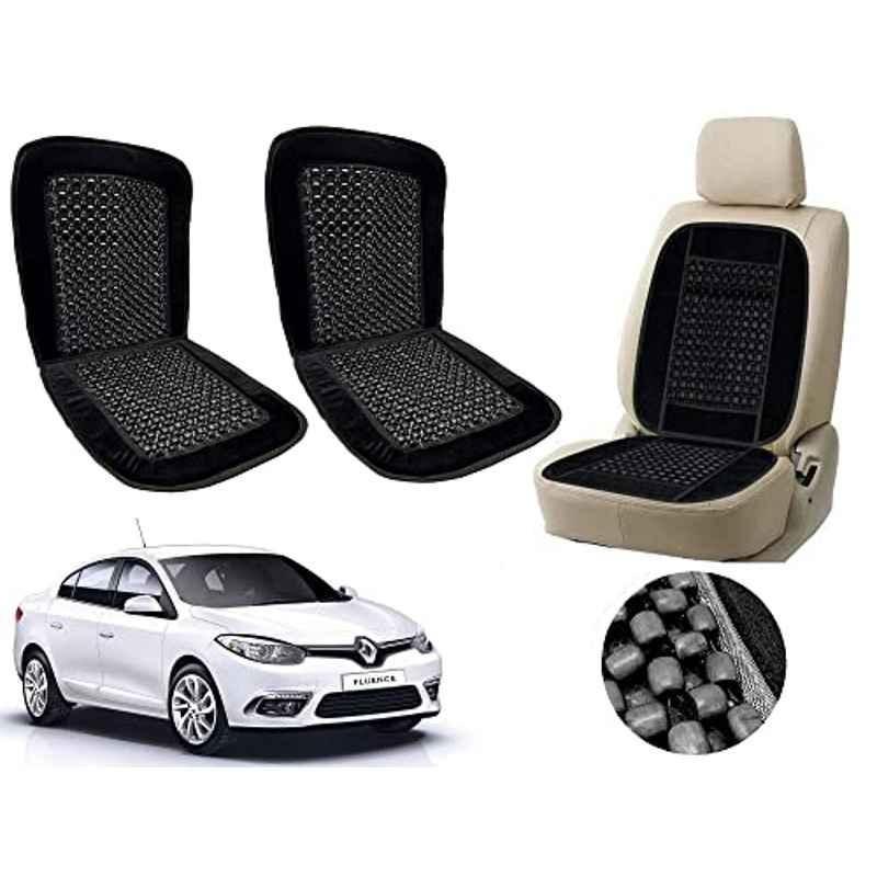 Auto Pearl PU, Velvet & Wooden Beads Black Rectangular Seat Cushion for Renault Fluence (Pack of 2 )