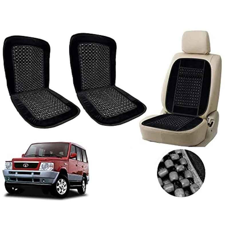 Auto Pearl PU, Velvet & Wooden Beads Black Rectangular Seat Cushion for Tata Victa (Pack of 2 )