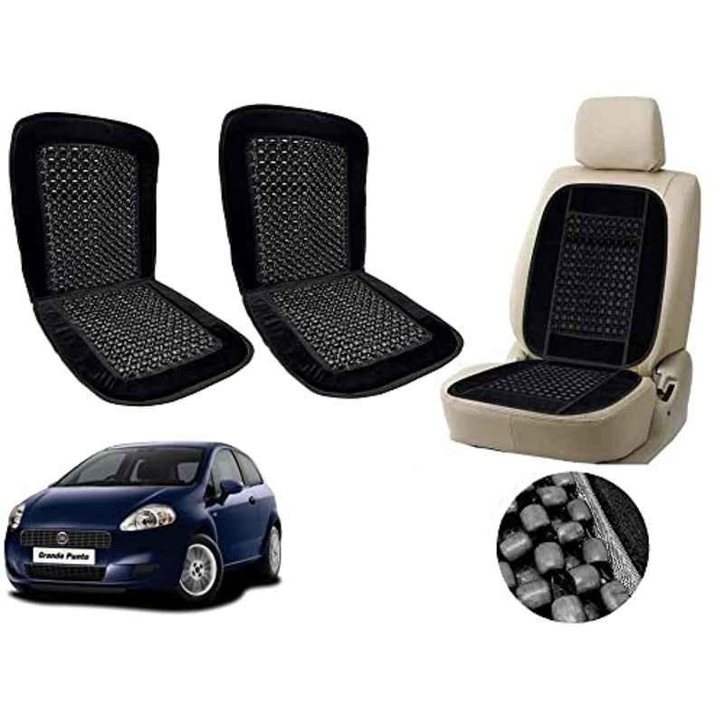 Auto Pearl PU, Velvet & Wooden Beads Black Rectangular Seat Cushion for Fiat Punto (Pack of 2 )