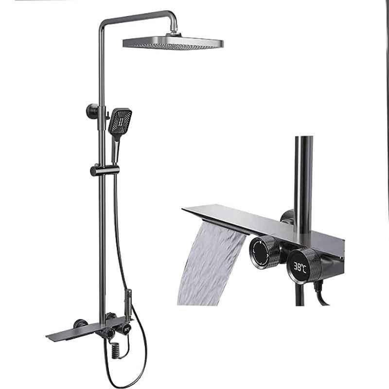 Aquieen Brass Grey Shower Set with Temperature Control & Waterfall Mixer