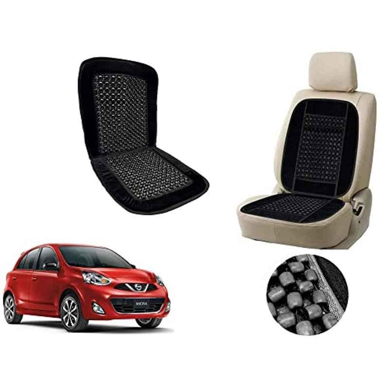 Auto Pearl PU, Velvet & Wooden Beads Black Rectangular Seat Cushion for Nissan Micra 2015