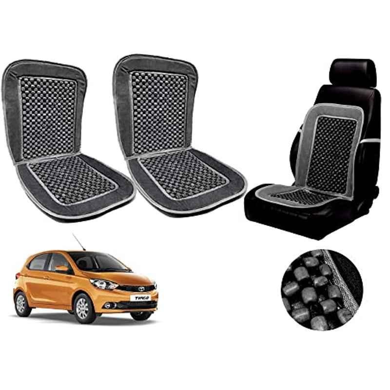 Auto Pearl PU, Velvet & Wooden Beads Grey Rectangular Seat Cushion for Tata Tiago (Pack of 2 )