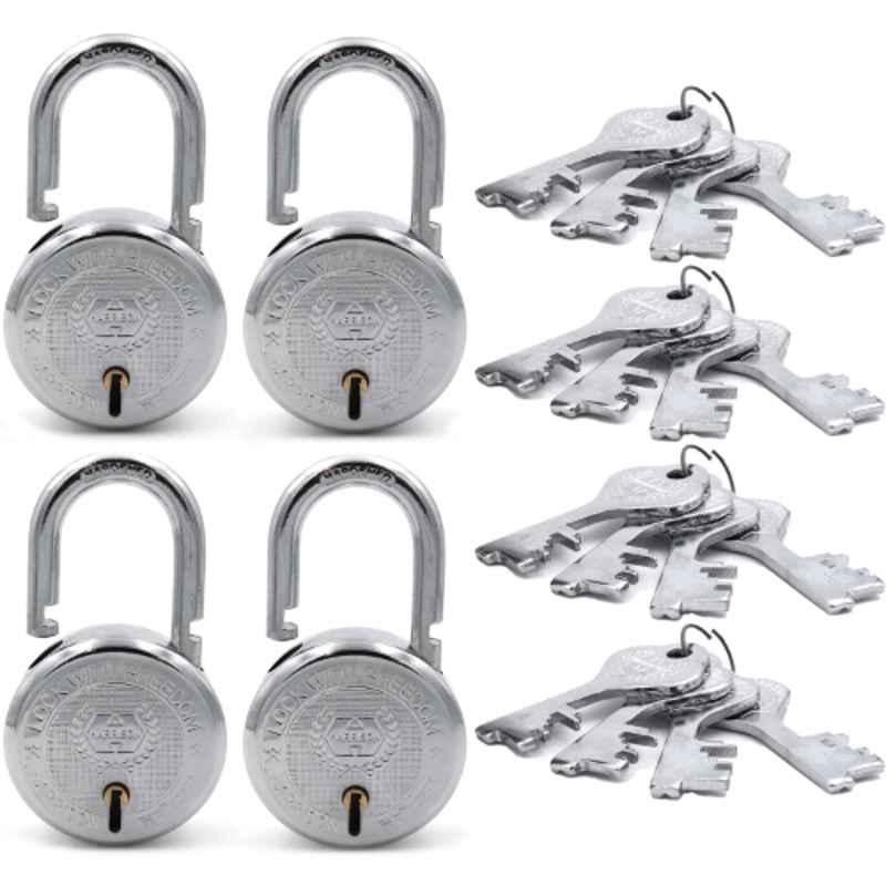 Harrison 60mm 7 Lever Mild Steel Bright Chrome Polished Finish Round Padlock with 3 Keys, T-26-0277 (Pack of 4)