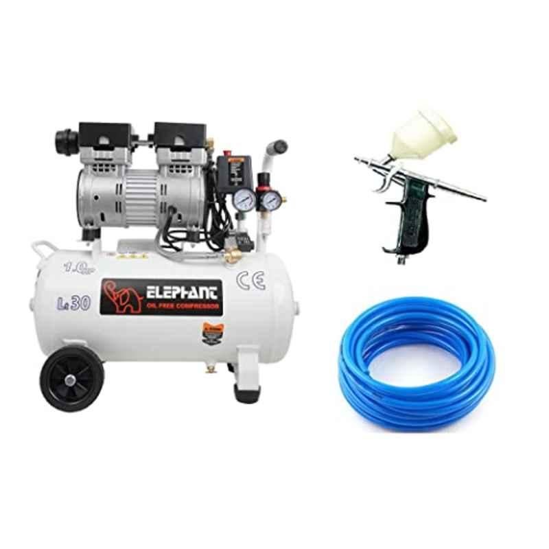 Elephant 1HP 30L Oil Free Air Compressor with Copper Winding Motor Spray Gun PU Pipe & Fittings Set with 6 Months Warranty, AC30DC-AC60