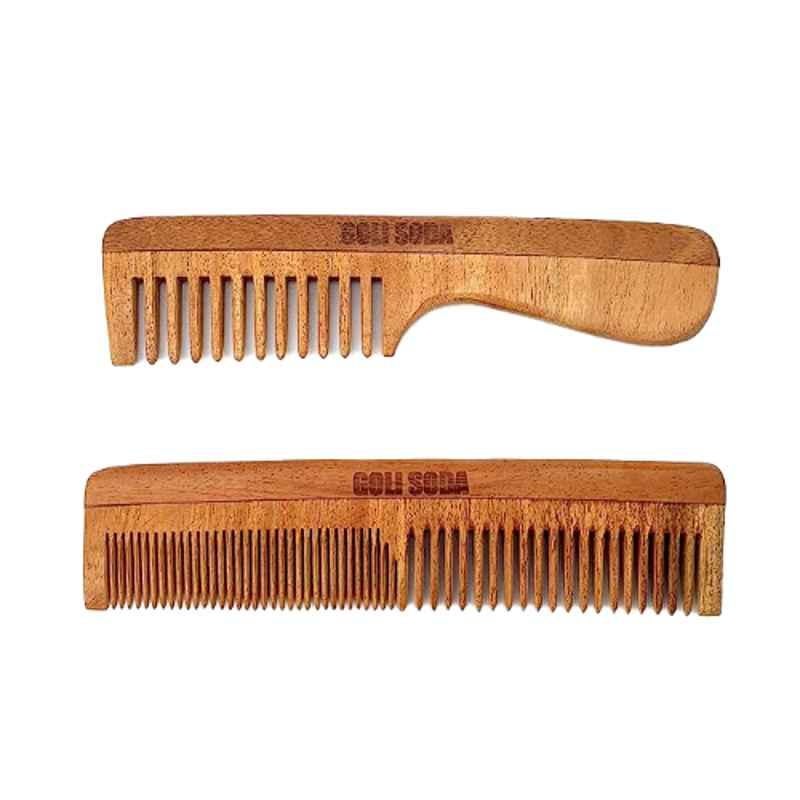 Goli Soda Neem Wood Double Tooth & Wide Tooth with Handle Combs Combo, GSNWC012
