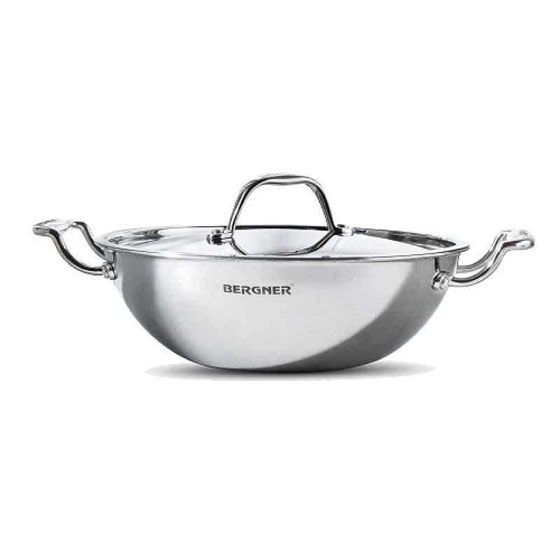Bergner Argent Triply 36cm 6.1L Silver Stainless Steel Kadhai with Lid, BG-9961
