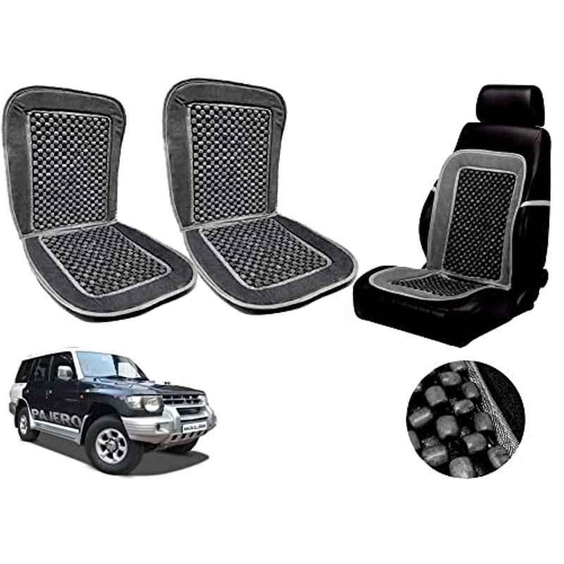Auto Pearl PU, Velvet & Wooden Beads Grey Rectangular Seat Cushion for Mitsubishi Pajero (Pack of 2 )
