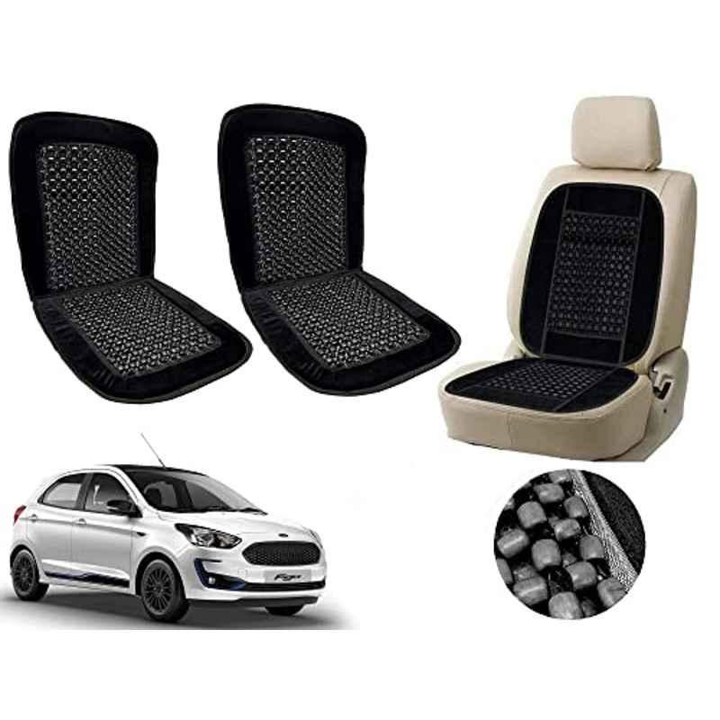 Auto Pearl PU, Velvet & Wooden Beads Black Rectangular Seat Cushion for Ford Figo 2019 (Pack of 2 )