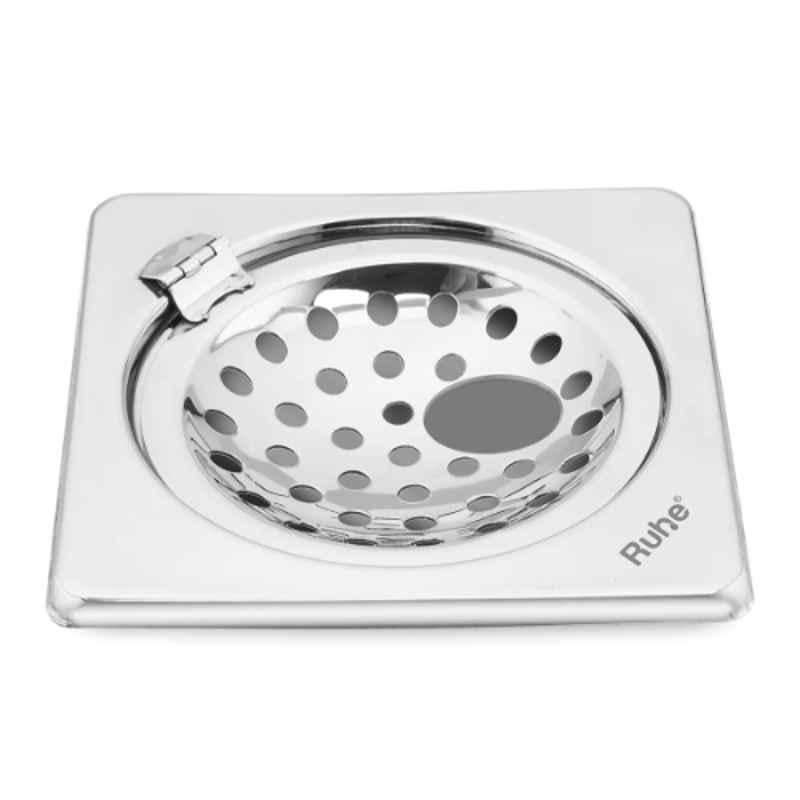 Ruhe 6x6 inch Stainless Steel Glossy Finish Square Neon Floor Drain with Hole & Hinged Grating Top, 16-0509-56