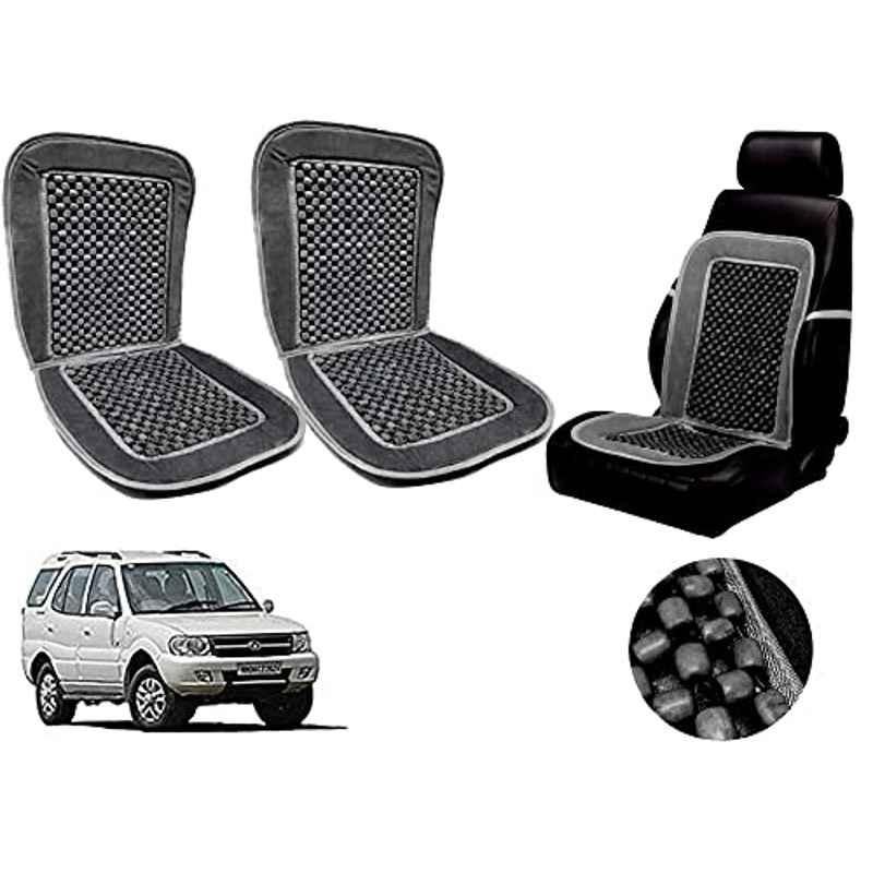 Auto Pearl PU, Velvet & Wooden Beads Grey Rectangular Seat Cushion for Tata Safari Storme (Pack of 2 )