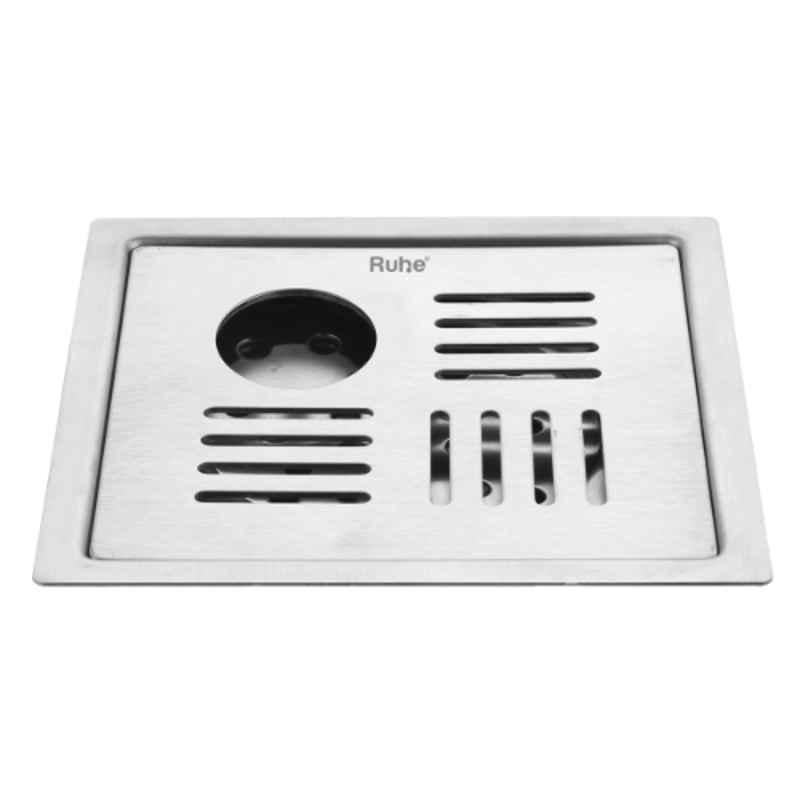 Ruhe Pluto 6x6 inch Stainless Steel Gloss Finish Square Flat Cut Floor Drain with Hole, 16-0513-20