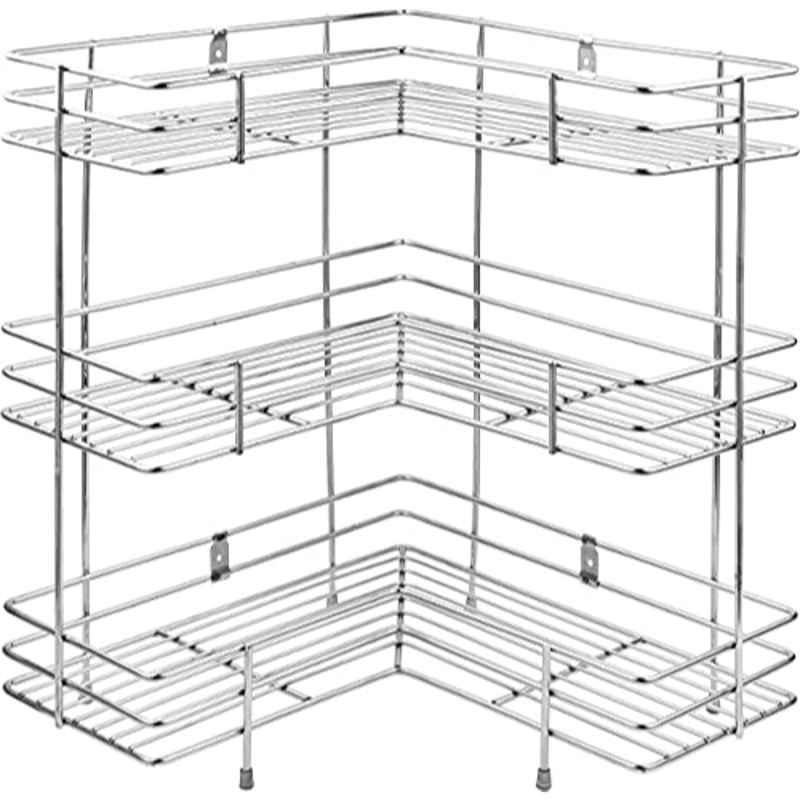 Plantex Stainless Steel Silver Countertop L Shape 3 Tier Kitchen Corner Storage Shelf, APS-300