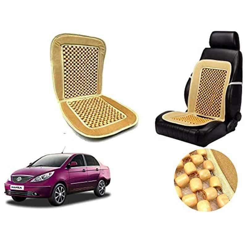 Auto Pearl PU, Velvet & Wooden Beads Beige Rectangular Seat Cushion for Tata Manza