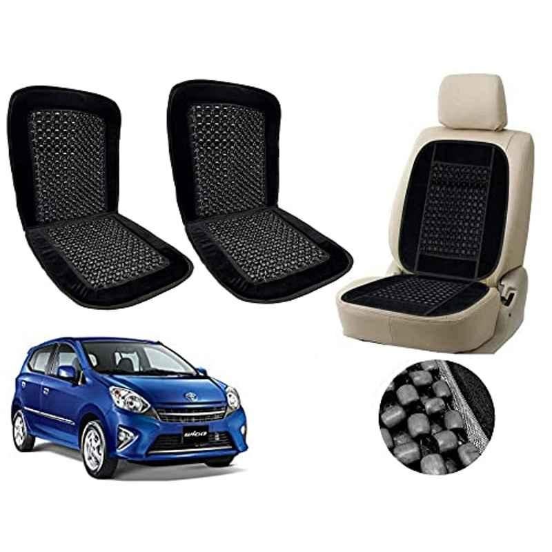 Auto Pearl PU, Velvet & Wooden Beads Black Rectangular Seat Cushion for Toyota Wego (Pack of 2 )