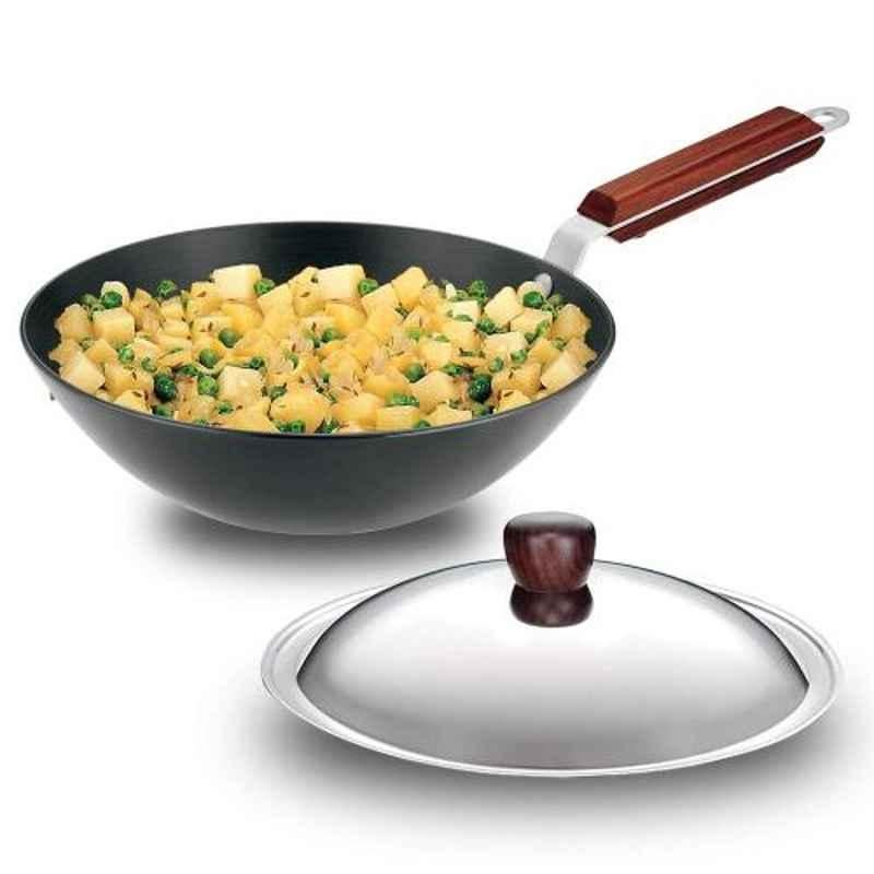 Hawkins Futura 26cm 2.5L Aluminium Black Hard Anodised Flat Bottom Deep-Fry Pan with Stainless Steel Lid, HK-KW-L21