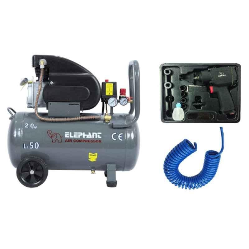 Elephant IW-01 3/8 inch Pneumatic Impact Wrench & AC-50C 50L Air Compressor with Pipe Fittings Combo with 6 Months Warranty