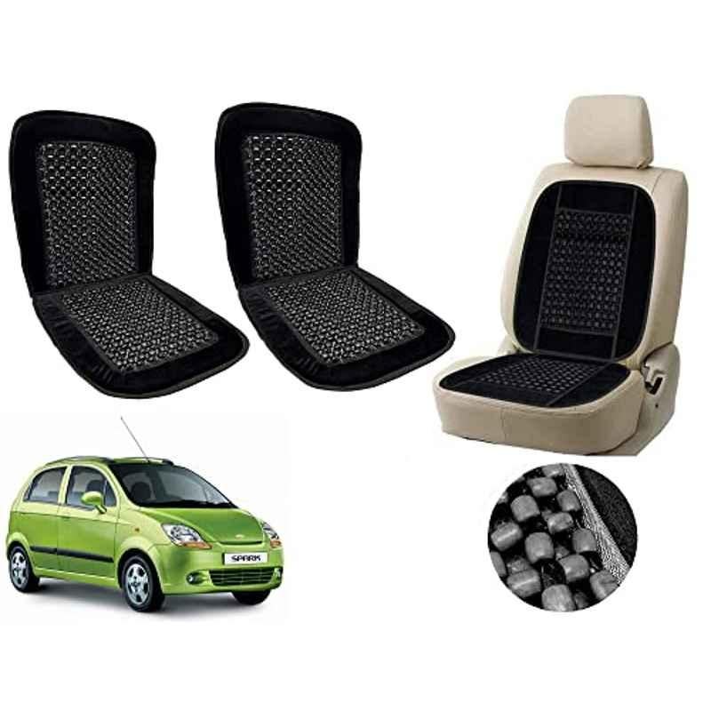 Auto Pearl PU, Velvet & Wooden Beads Black Rectangular Seat Cushion for Chevrolet Spark (Pack of 2 )