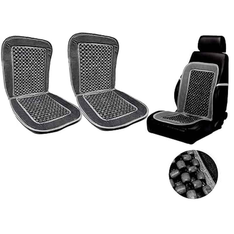 Auto Pearl PU, Velvet & Wooden Beads Grey Rectangular Seat Cushion for Hyundai Elite i20 (Pack of 2 )