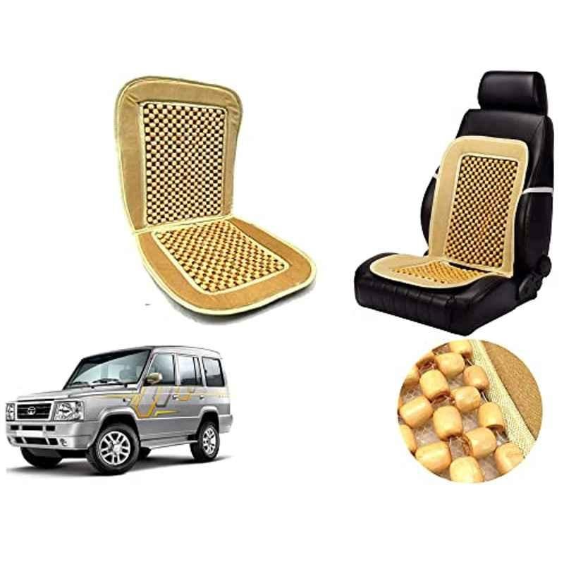 Auto Pearl PU, Velvet & Wooden Beads Beige Rectangular Seat Cushion for Tata Sumo
