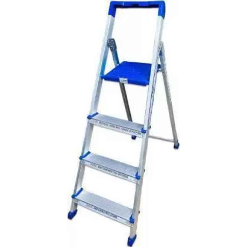 TNC 4U 120kg 4 Steps Aluminium & Plastic Silver & Blue Foldable Ladder with Platform & Hand Rail, N0010020