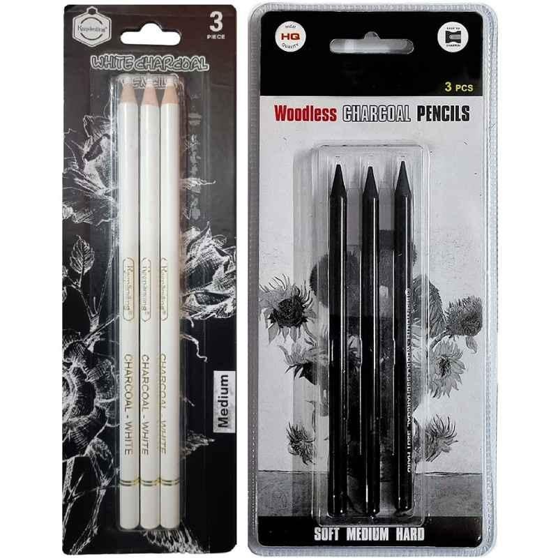 ChiggiWiggi 3 Pcs Black Woodless Charcoal Pencil & 3 Pcs White xxlarge Charcoal Pencil Set Combo, C89