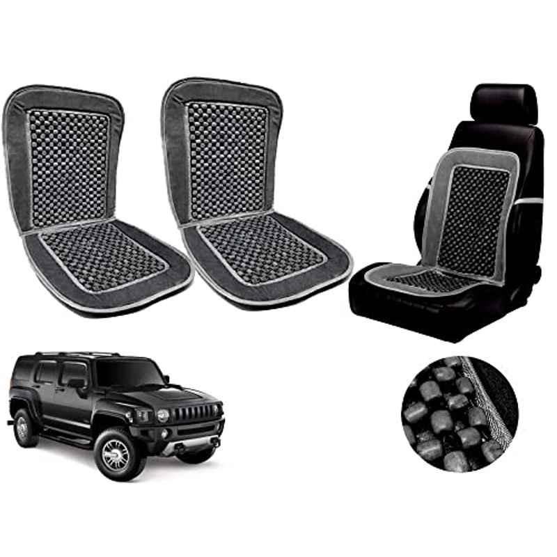 Auto Pearl PU, Velvet & Wooden Beads Grey Rectangular Seat Cushion for GM Hummer H3 (Pack of 2 )