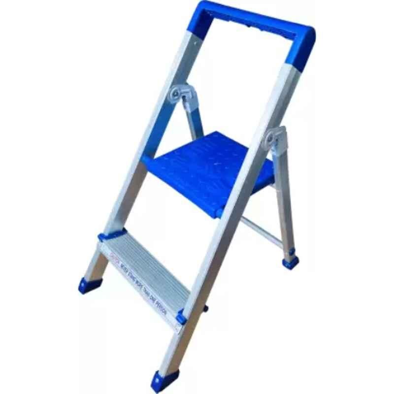 TNC Best 4U 50kg 2 Steps Aluminium & Plastic Silver & Blue Foldable Ladder with Platform & Hand Rail, SL-N040102
