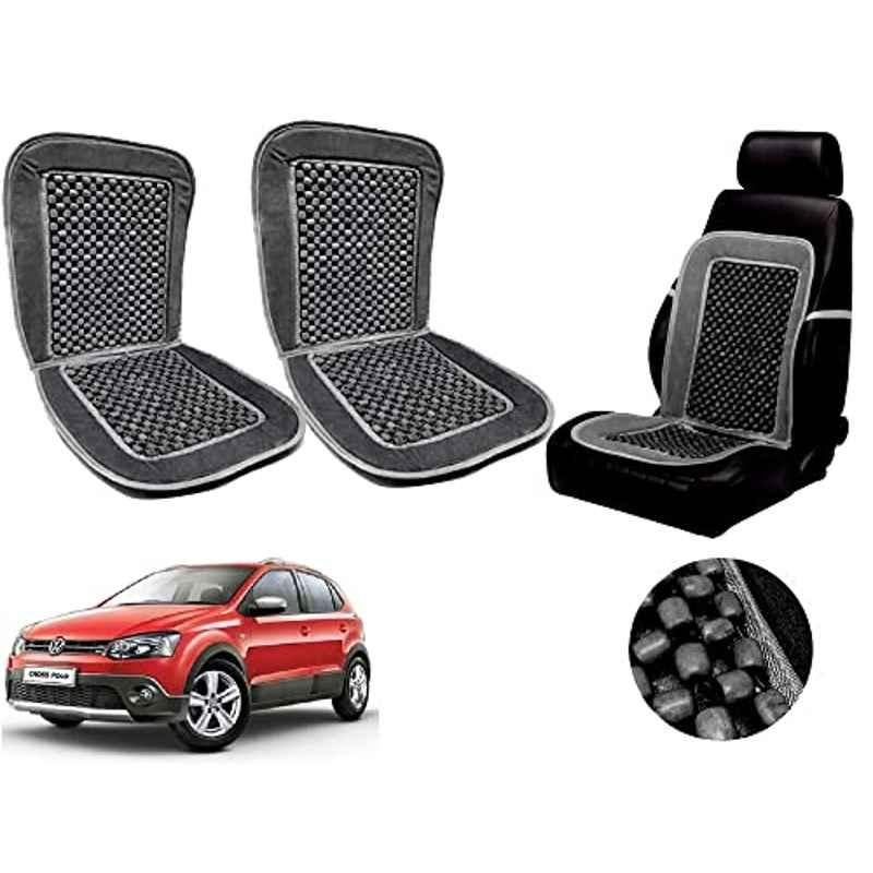 Auto Pearl PU, Velvet & Wooden Beads Grey Rectangular Seat Cushion for Volkswagen Polo Cross (Pack of 2 )