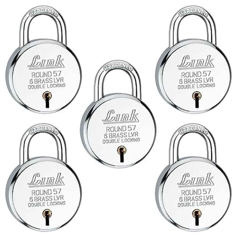 Link 57mm Steel Round BCP Padlock with Brass Lever, 3 Silver & Free Key Hanger (Pack of 5)