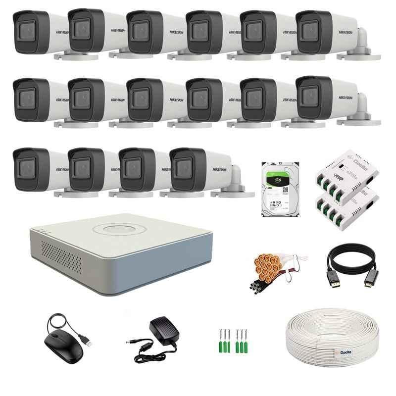 Hikvision 16 Channel DVR, 5MP 16 Pcs Day/Night Vision Bullet Camera, 4TB HDD, 70m 1+3 Cable Roll, 2 Pcs 8 CH Power Supply, BNC & DC Full Kit