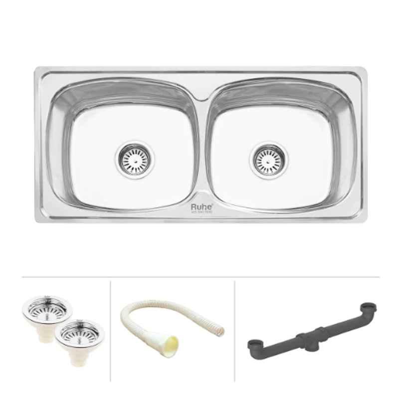 Ruhe 37x18x8 inch Stainless Steel 304 Glossy Finish Oval Double Bowl Kitchen Sink, 13-0305-01