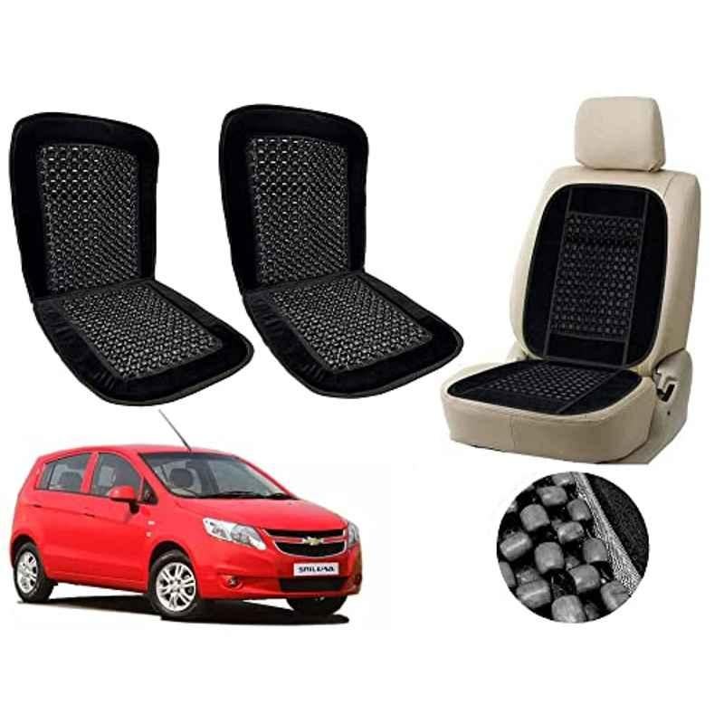 Auto Pearl PU, Velvet & Wooden Beads Black Rectangular Seat Cushion for Chevrolet UVA (Pack of 2 )