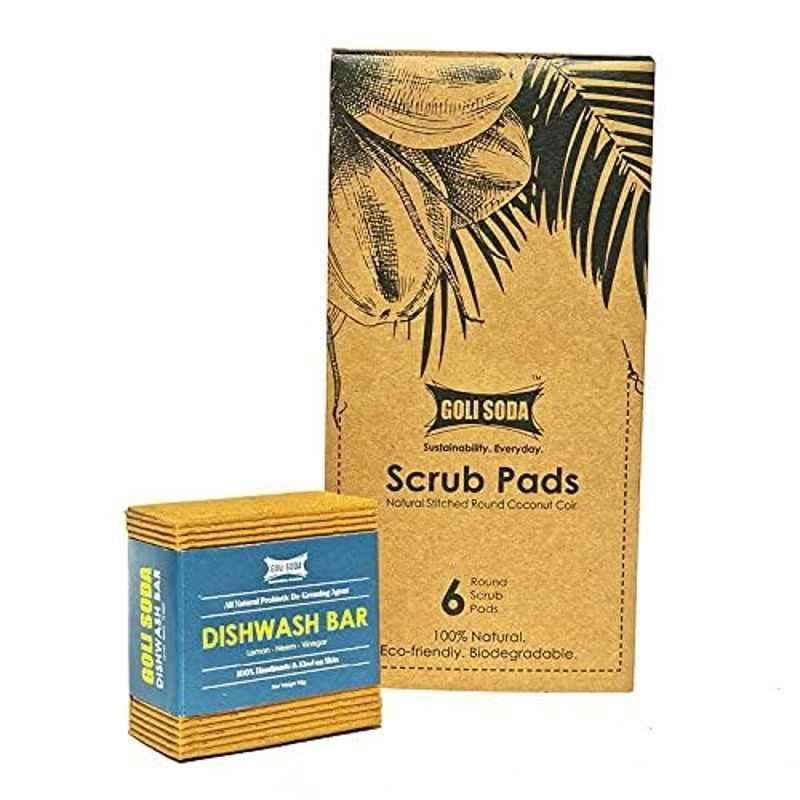 Goli Soda Natural Stitched Coconut Coir Round Dishwashing Scrub Pad & Probiotic Dishwash Bar Combo, GSSCBDW