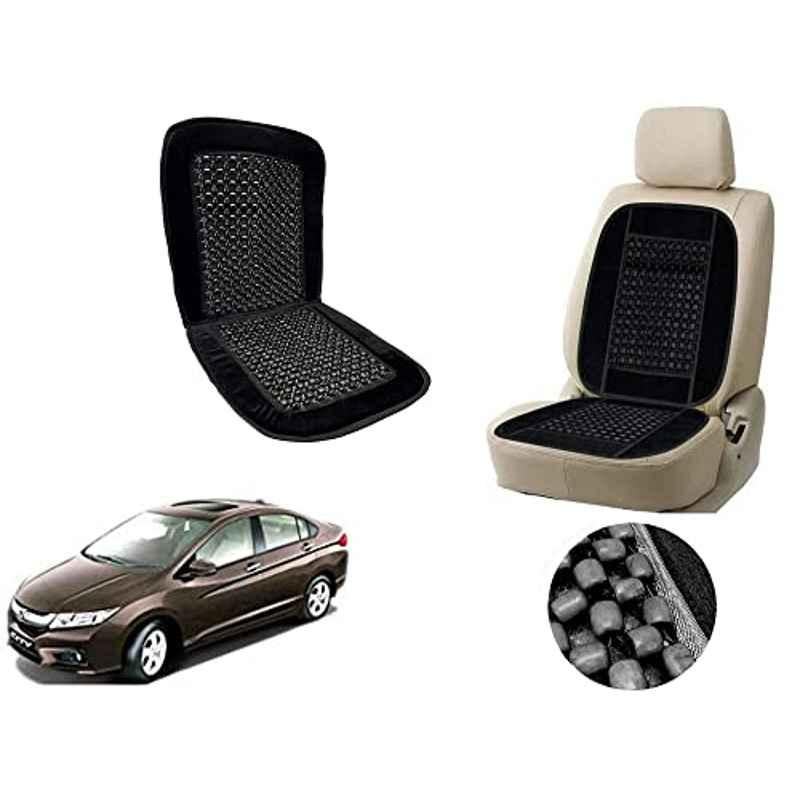 Auto Pearl PU, Velvet & Wooden Beads Black Rectangular Seat Cushion for City Idtec