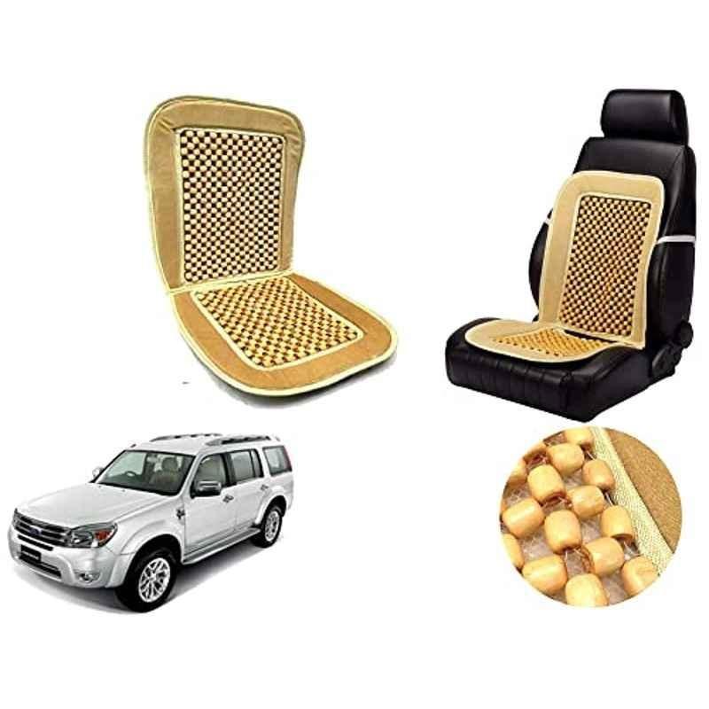 Auto Pearl PU, Velvet & Wooden Beads Beige Rectangular Seat Cushion for Ford Endeavour