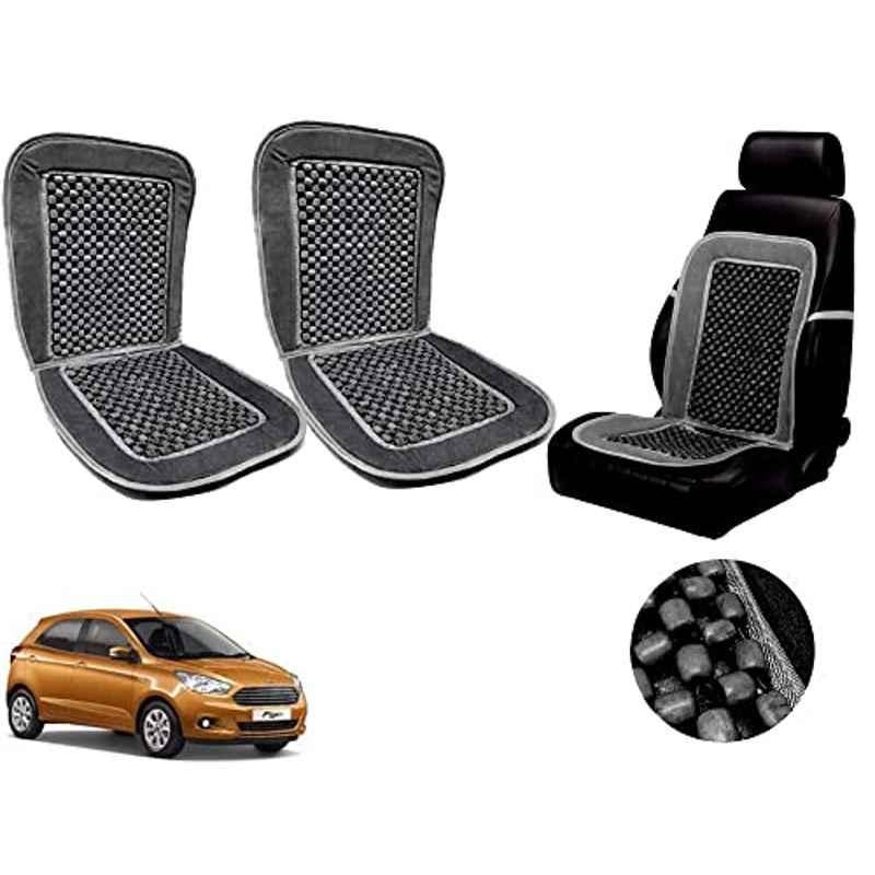 Auto Pearl PU, Velvet & Wooden Beads Grey Rectangular Seat Cushion for Ford Figo (Pack of 2 )