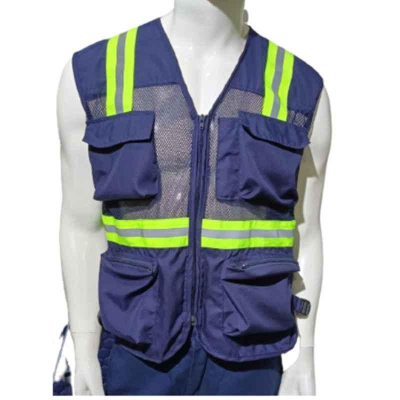 Fella Bella 145 GSM Polyester Navy Blue Workwear Safety Reflective Vest Jacket with Green & Silver Tape, Size: M (Pack of 5)