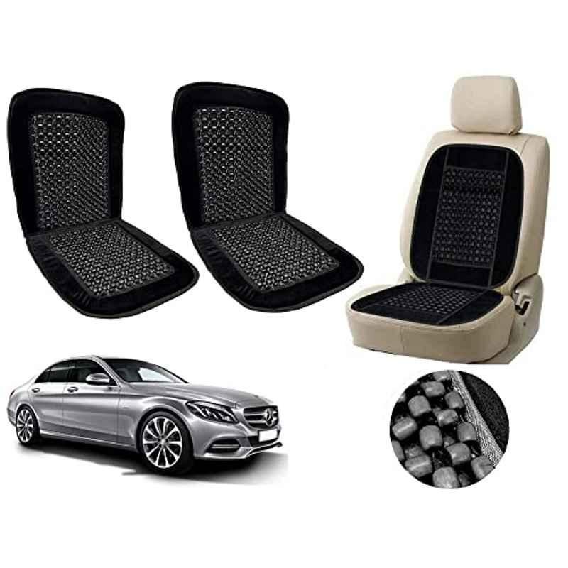 Auto Pearl PU, Velvet & Wooden Beads Black Rectangular Seat Cushion for Mercedes Benz C200 (Pack of 2 )